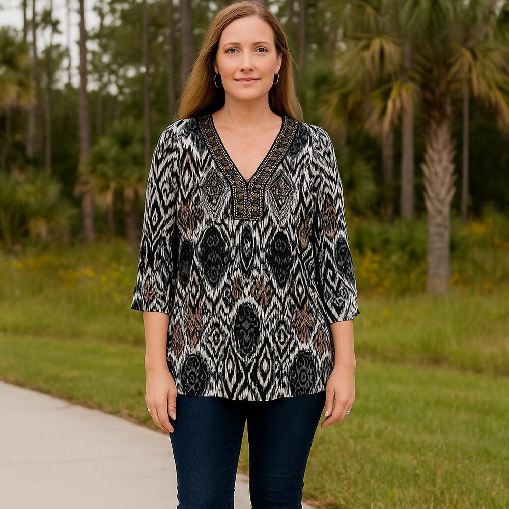 Women 18/20 BEJEWELED Neckline Stretch Minimalist Academia Popover Tunic Top